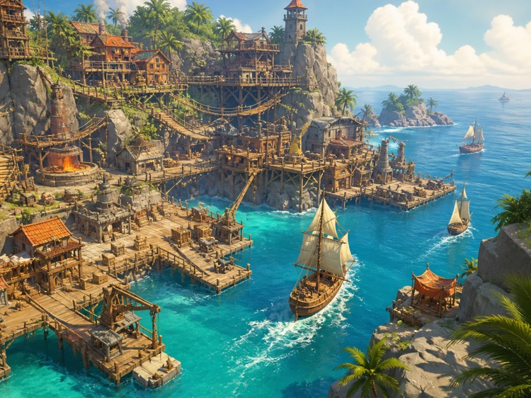 Original painterly island harbor illustration created for this independent Corsair Cove guide